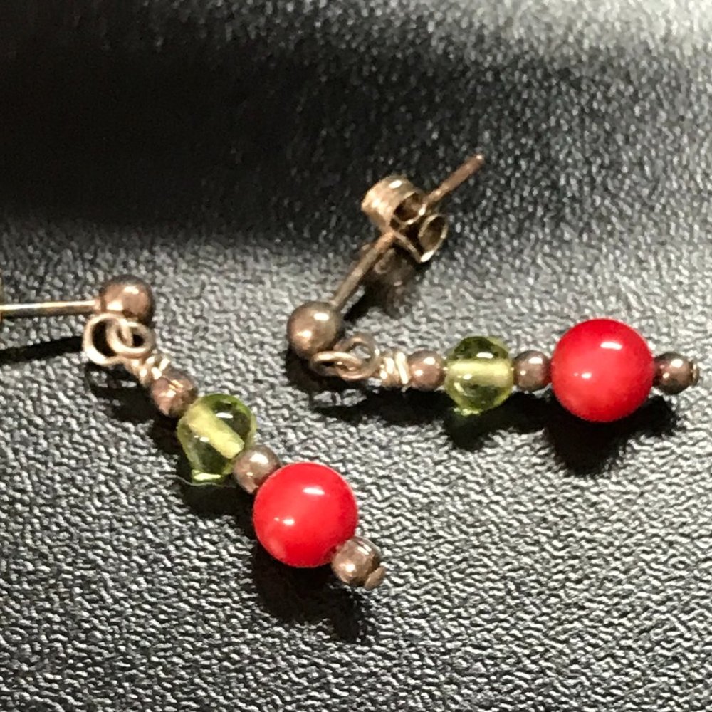 Peridot and Coral Post Earrings